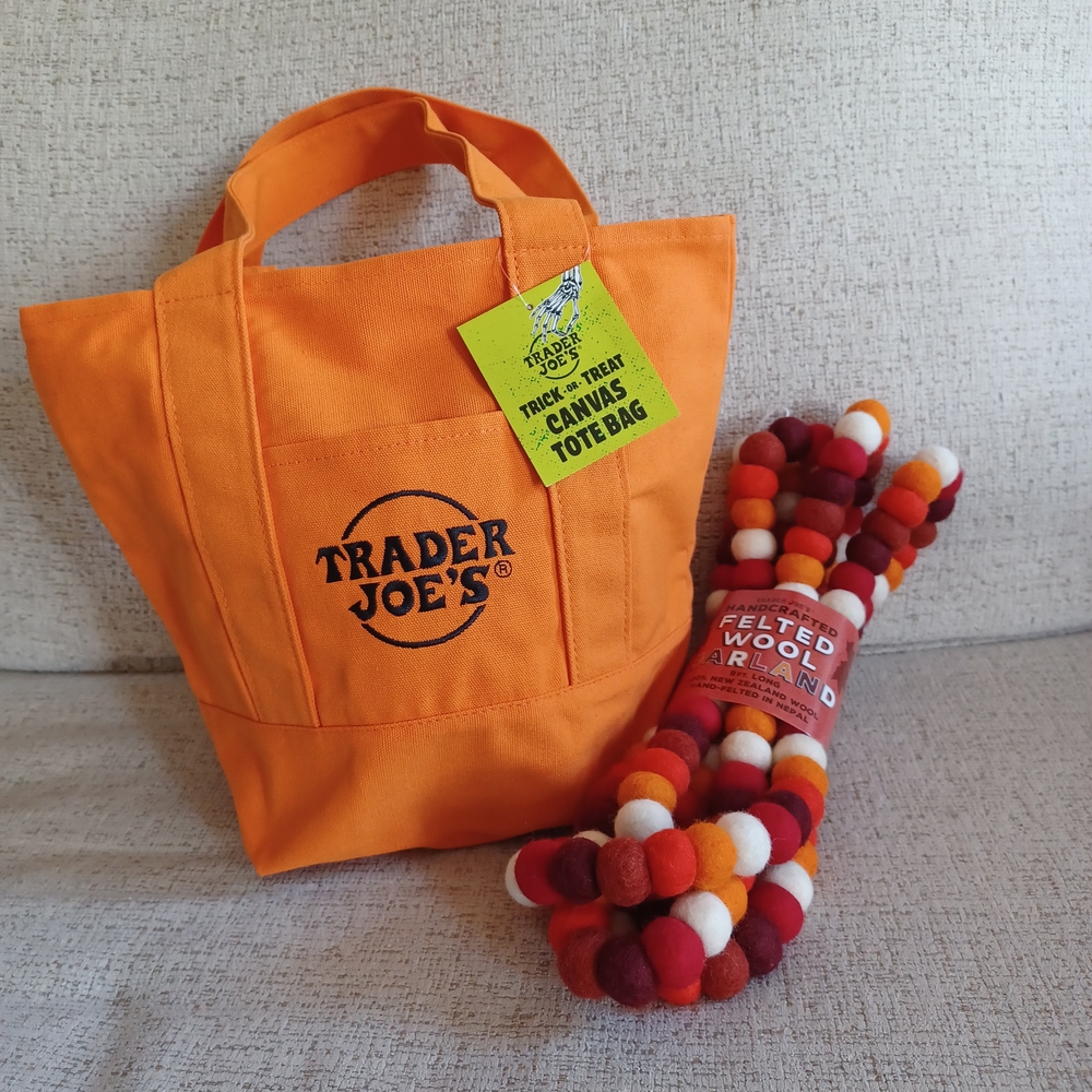 Trader Joe's Set: Orange Canvas Mini Tote Bag & Felted Wool Garland.